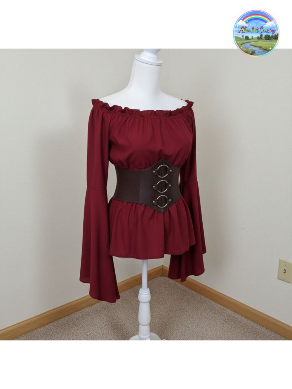 Victorian Boho Off Shoulder Blouse Set PU Leather Corset Belt